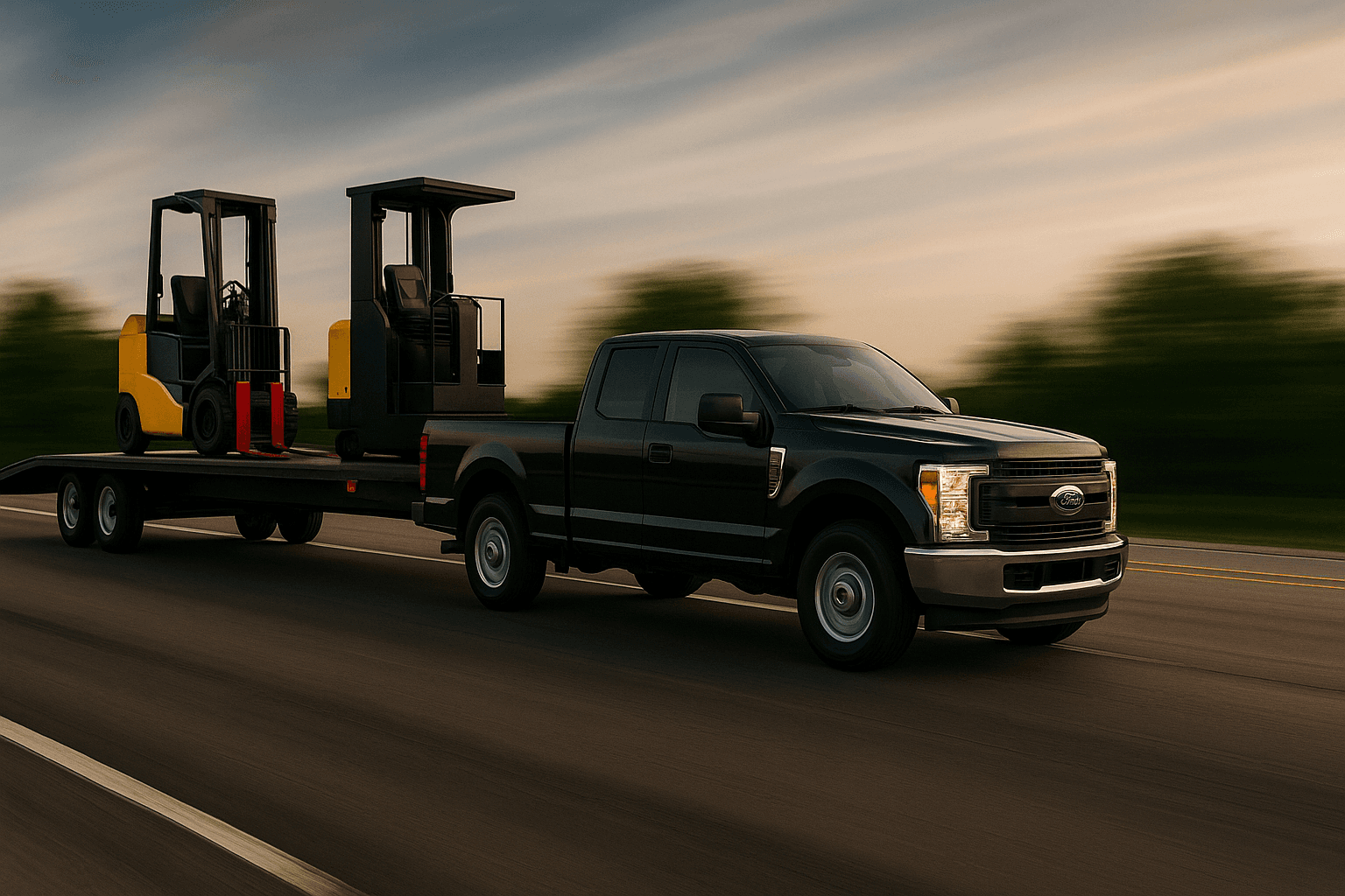 Black F-250 towing low flatbed with reach truck and order picker chained down on the highway